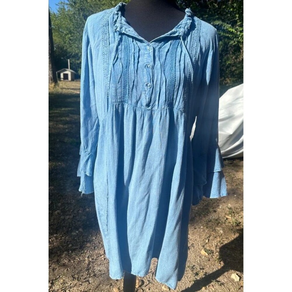 Seven Islands 100% Rayon Sz Medium Blue Pullover Mini Dress Tiered Ruffle Sleeve
